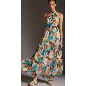 Maeve Anthropologie Dress S Keyhole Halter Colorful Maxi Beachy Coastal Boho